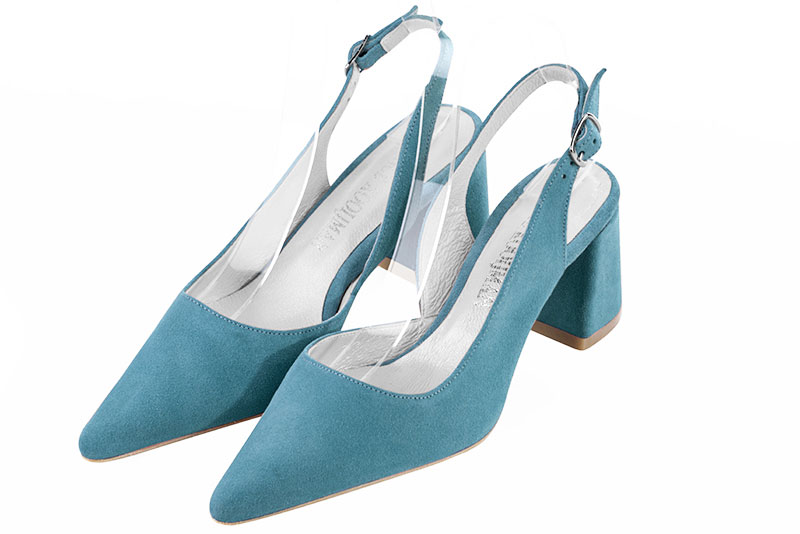 Peacock blue women's slingback shoes. Pointed toe. Medium flare heels. Front view - Florence KOOIJMAN